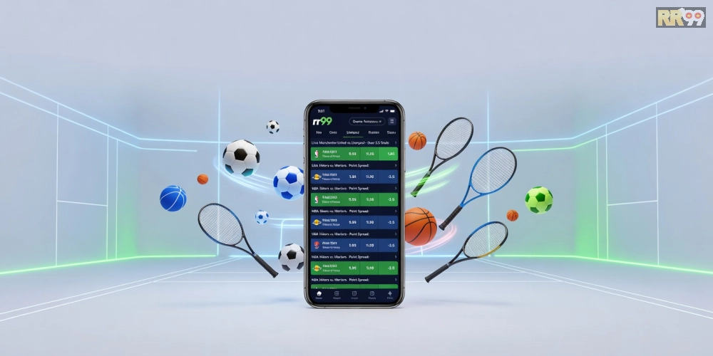 Hình minh họa khái niệm 24h thể thao rr99 với giao diện cá cược thể thao hiện đại và các biểu tượng bóng đá sôi động.