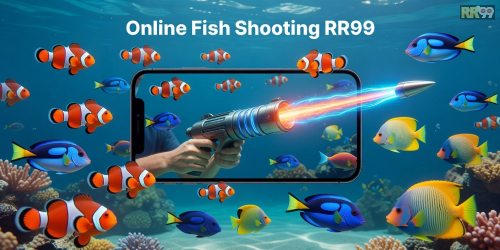Hình minh họa khái niệm bắn cá online rr99 với giao diện game sống động và người chơi săn thưởng.