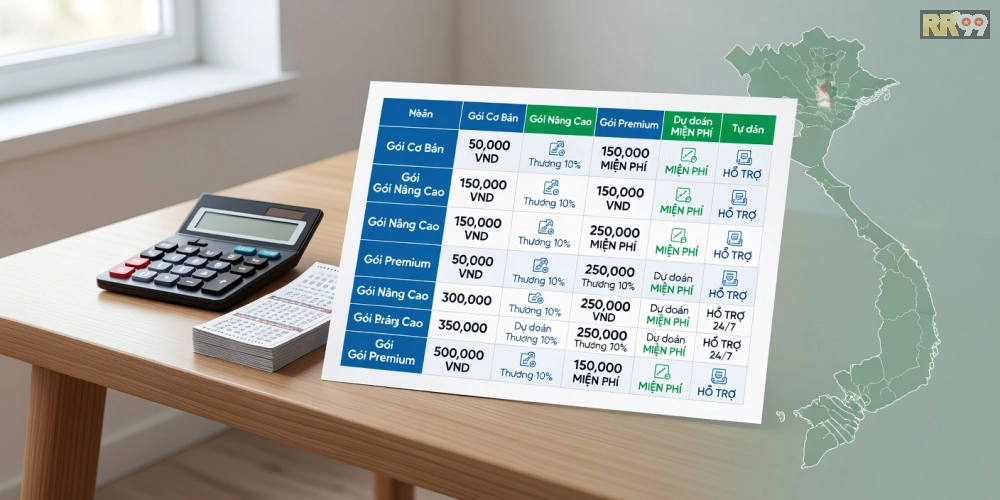 Caption tiếng Việt ngắn gọn 8–16 từ mô tả bảng giá dịch vụ xổ số với biểu đồ minh họa