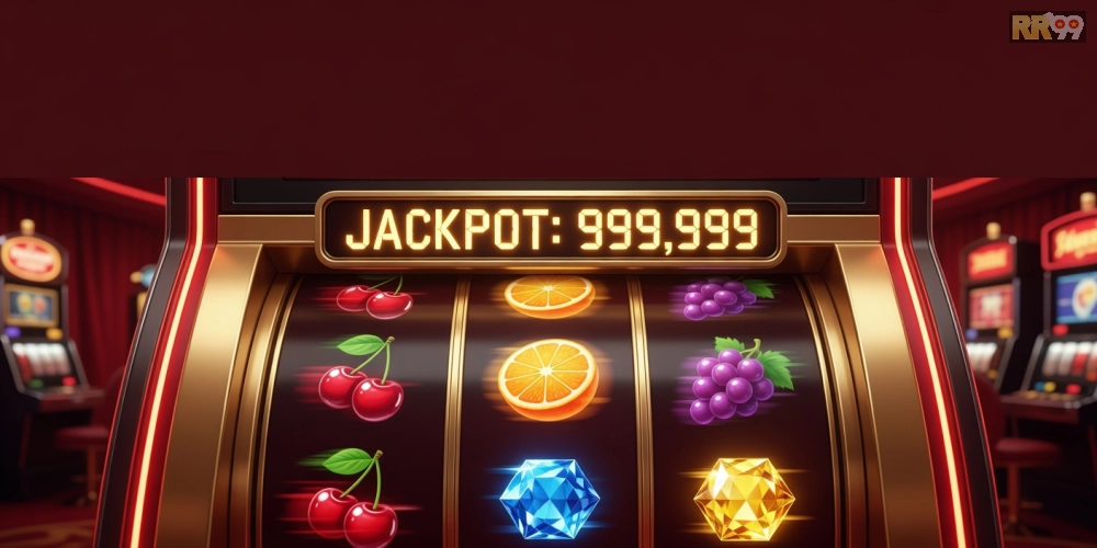 Minh họa khái niệm chơi game nổ hũ rr99 với giao diện slot machine hiện đại và jackpot sáng rực