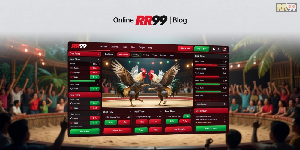 Minh họa khái niệm đá gà chọi rr99 với hình ảnh trường gà trực tuyến hiện đại và giao diện cá cược