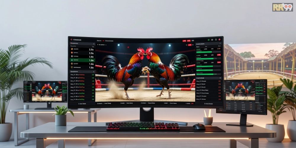 Minh họa khái niệm đá gà online rr99 với giao diện cá cược hiện đại và trực tiếp trường gà
