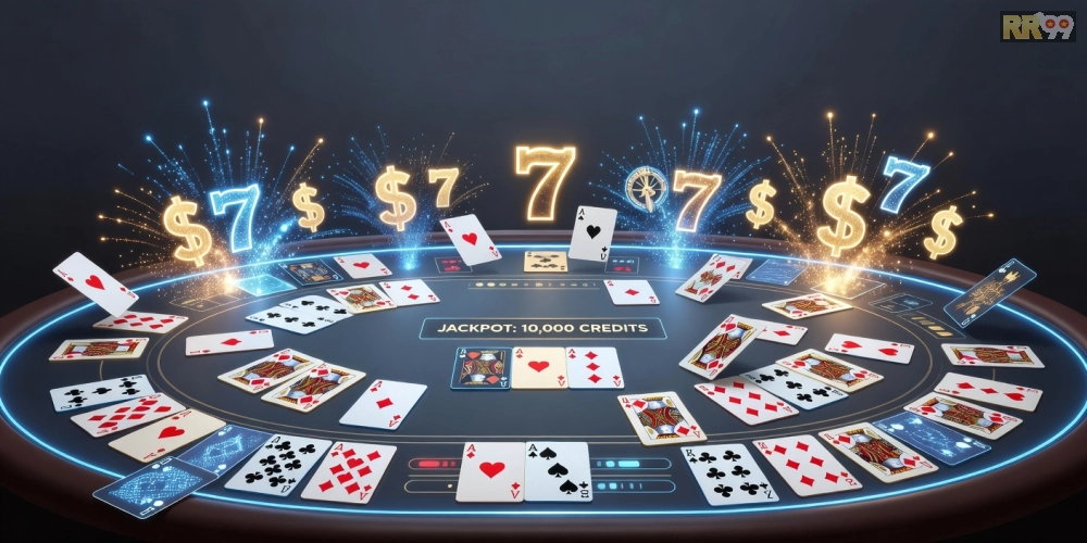 Minh họa khái niệm game bài nổ hũ rr99 với các lá bài và jackpot sáng lấp lánh