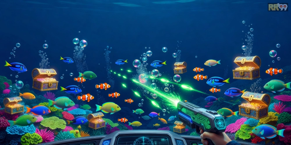 Hình minh họa giao diện game bắn cá rr99 với cá đa dạng và hiệu ứng bắn súng sống động.