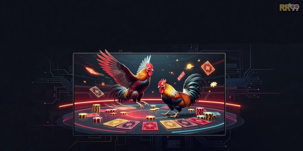 Minh họa khái niệm xem đá gà trực tiếp với giao diện casino hiện đại và hình ảnh trận đấu sống động