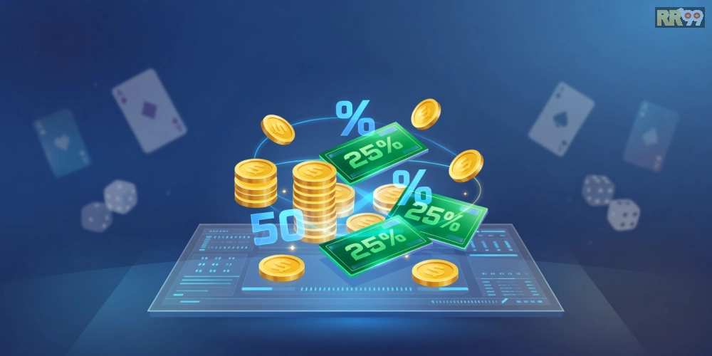 Hình minh họa khái niệm chương trình khuyến mãi rr99 với các ưu đãi hấp dẫn và biểu tượng tiền thưởng.