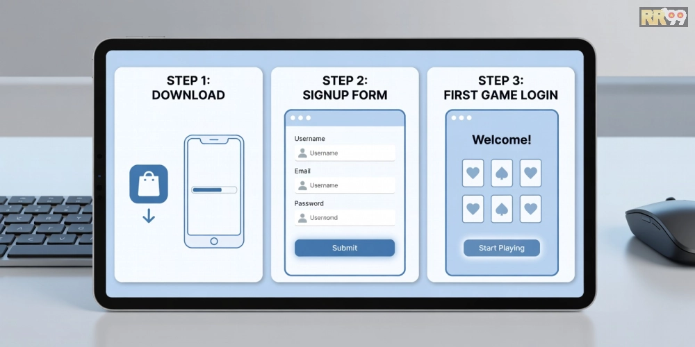 Hình hướng dẫn từng bước đăng ký và tải game bài rr99 an toàn trên thiết bị di động.