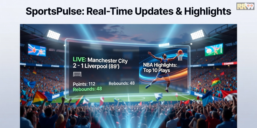 Khái niệm tin thể thao rr99 được minh họa qua các biểu tượng thể thao hiện đại và giao diện nền tảng