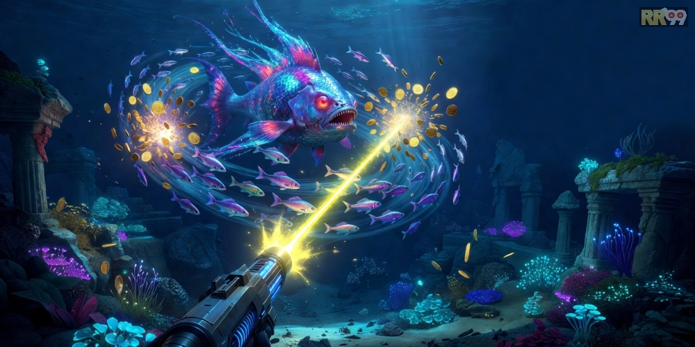 Hình ảnh gameplay Đại Dương Bắn Cá RR99 với người chơi săn boss cá khổng lồ dưới đại dương sâu.