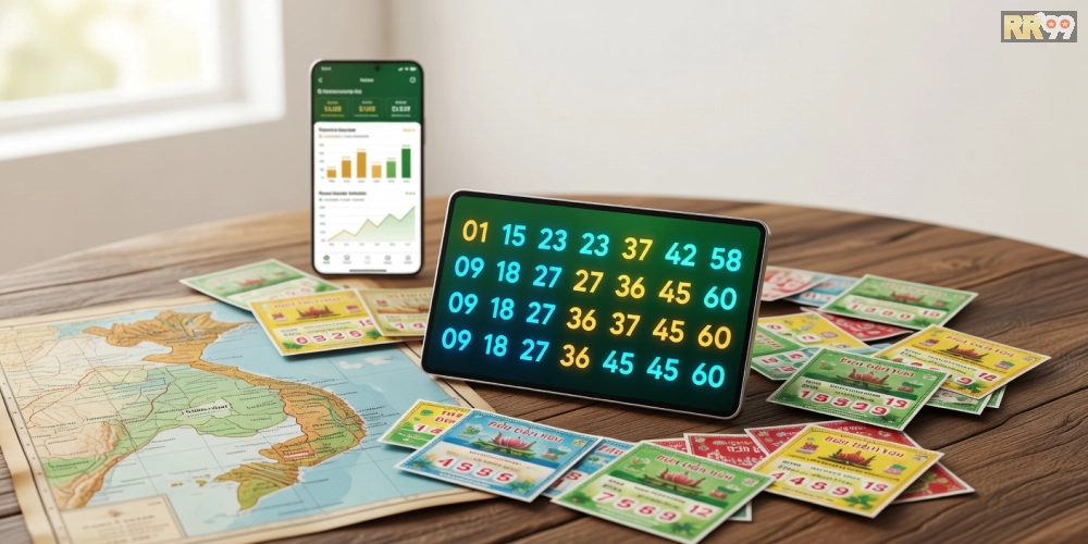 Caption tiếng Việt ngắn gọn 8–16 từ mô tả hình ảnh về bảng kết quả xổ số miền Trung với giao diện hiện đại